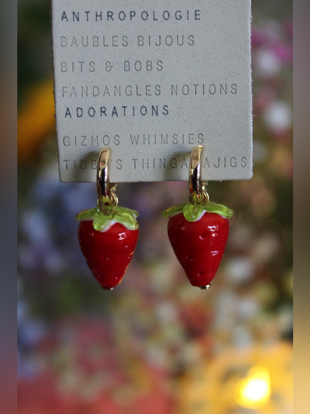 Anthropologie Red and Green Strawberry Hoop Drop Earrings